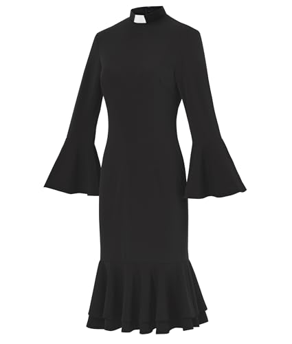 Women's Bell Sleeve Church Dress Clergy Fishtail Tab Insert Collar Priestess Dress2