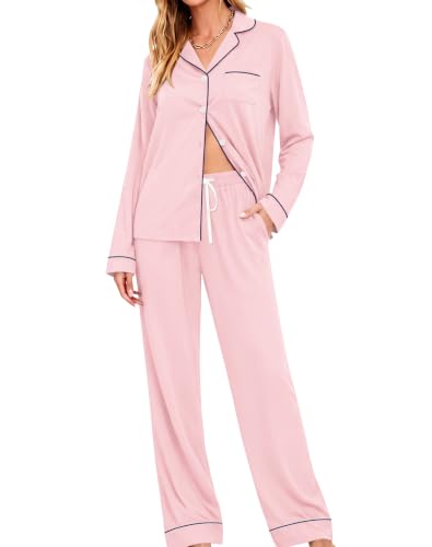 Image of SWOMOG Womens Pajamas Set Long Sleeve Sleepwear Button Down Nightwear Soft Cotton Pj Lounge Sets