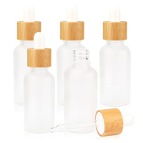 Frosted Glass Dropper Bottle, Refillable Glass Essential Oils Bottles With Eye Dropper&Bamboo Lids White Rubber Head Travel Cosmetic Storage Container Pot Holder,5pcs (30ML)