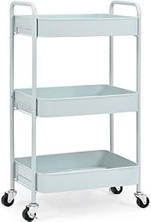 KINGRACK 3-Tier Rolling Cart, Metal Storage Trolley with Lockable Wheels,Mobile Storage Cart Rack Shelves for Office,Bathroom, Classroom,Kitchen Serving Trolley Utility Cart No Screws Assemble Green