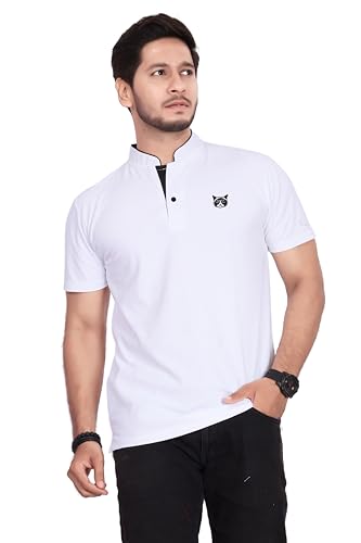 Image of BAGHADBILLO Men's and Boy's Polyster T-Shirt with Mandarin Collared Neck Half Sleeves Closuer Button and Regular Fit | Polo t Shirt for Man