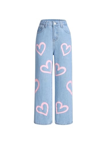 Girl's Heart Print High Waisted Loose Straight Leg Jeans Denim Pants