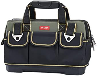 Justzon 15inch Tool Bag for men with Wide Mouth and Waterproof Molded Base,Plastic-padded Handle, Adjustable shoulder strap, professional Electricians construction worker tool bag organizer（S）