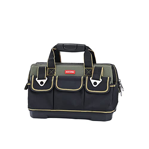 Justzon 15Inch Tool Bag For Men With Wide Mouth And Waterproof Molded Base,Plastic-Padded Handle, Adjustable Shoulder Strap, Professional Electricians Construction Worker Tool Bag Organizer（S） #TOP2