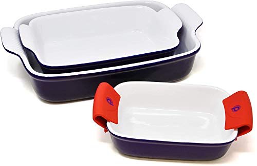 PERLLI Ceramic Baking Dish Pan Set, 3 Piece Nonstick Rectangular Bakeware Dishes Set, Classic Blue Lasagna Cookware Pans Casserole Dish, with Silicone Pot Handle Grips - Thumbnail 4