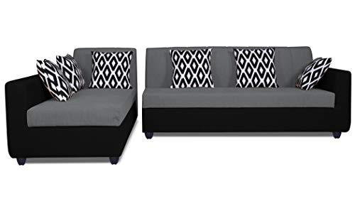 Image of Adorn India Rio Highback L Shape 6 Seater Sofa Set (Left Side Handle) (Grey & Black)