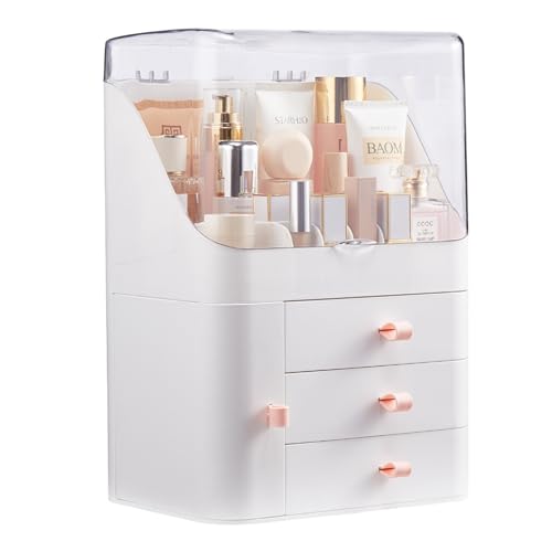 BTGGG Multi-Function Makeup Organiser Dust-Proof Make-up Organiser Storage with brush holder and lip slots, Waterproof Cosmetic Storage Box with 3 Drawers for Bedroom Bathroom Desktop, White