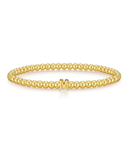 Wowshow Mothers Day Gifts Gold Bracelets for Women Stretch Initial Beaded Bracelets 18K Gold Plated with Letter M Charm Jewelry Gifts for Mother Birthday Mom