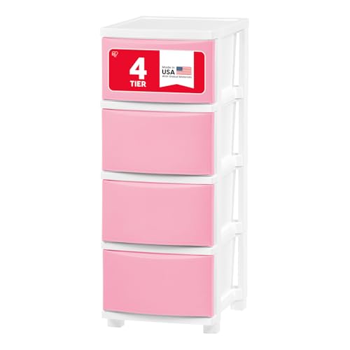 IRIS USA Plastic Drawer Storage Organizer, 4-Drawers, for Classroom Art Supplies Bathroom Dorm Bedroom Laundry Room, Slim Narrow, White Frame with Matte Pink Front Panels
