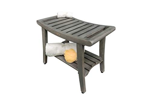 Coastalvogue Harmony 24" Teak Wood Shower Bench With Shelf And Liftaide Arms In Coquina Gray Finish #TOP2