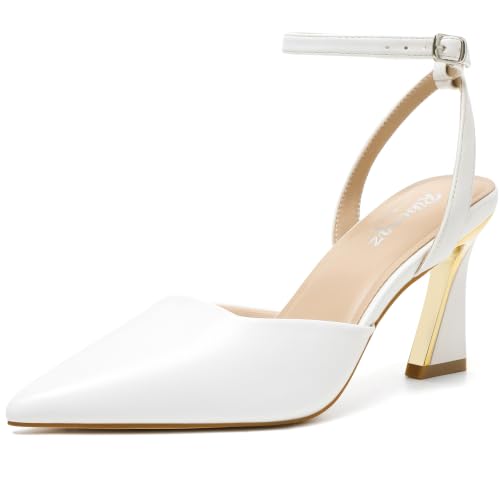 Image of RIBONGZ Comfortable Kitten Heels for Women Pointed Closed Toe Ankle Strap Buckle Heels Slip on Low Heel Church Pumps Wedding Bridal Party Dressy Shoes