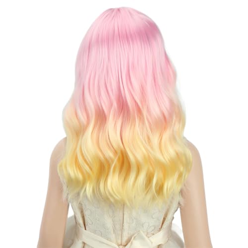 Image of PATTNIUM Girls Pink Ombre Yellow Short Curly Wavy Wigs Kids Side Part Shoulder Length Heat Resistant Synthetic Wig Halloween Cosplay Costume Party Wigs