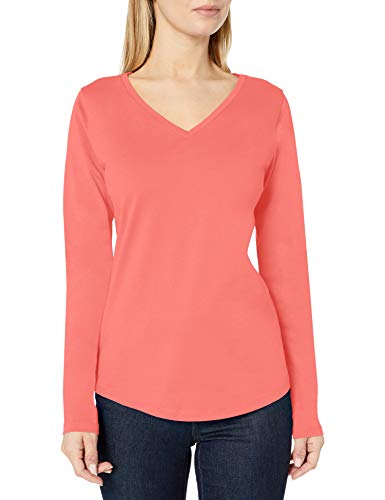 Amazon Essentials Women's Classic-Fit 100% Cotton Long-Sleeve V-Neck T-Shirt, Coral, Large