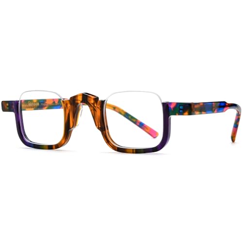 Image of HEPIDEM Matte Multicolor Acetate Glasses Frame Women,Semi Rimless Round Optical Eyeglasses