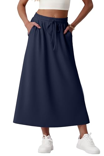GRECERELLE Womens Skirts with Pockets Elasticated Waist Midi Skirt A-Line Summer Casual Maxi Skirt Long Skirts for Women UK (Navy Blue L)