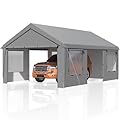EROMMY Carport, 13' x 20' Heavy Duty Carport with Roll-up Windows?Portable Garage with All-Season Tarp, Car Canopy with Removable Sidewalls for Truck, Tractor, Boat, Outer Gray and Inner White
