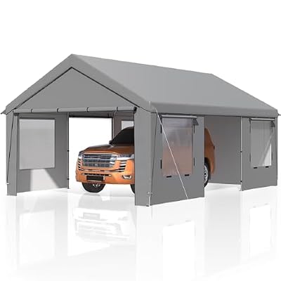 EROMMY 13' x 20' Carport?Portable Garage with UV Protection & Steel Frame, Heavy Duty Car Port with Removable Sidewalls, All-Season Car Canopy for Tractor, Truck, Boat, Outer Gray and Inner White