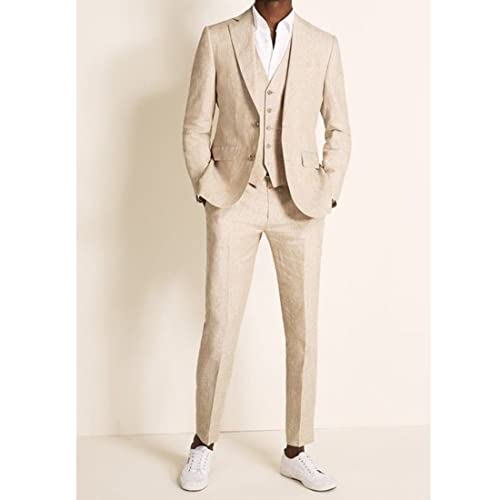 Mens Beige Linen Notch Lapel Blazer Pants Vest Casual Groom Prom Tuxedo Wedding 3 Pieces Summer Suit2