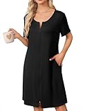 Ekouaer Womens' Zipper Robe Short Sleeve Bathrobes Summer Sleepwear Soft Housecoat with Pockets Zip Up House Robes Black XL