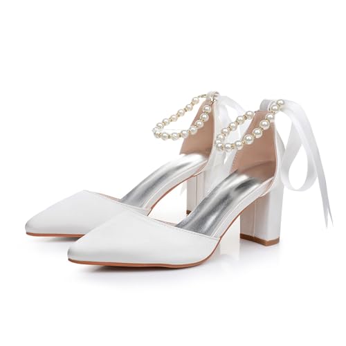 Women's Ankle Strap Pumps with Pearls, Pointed Toe, 3" Heel, White2