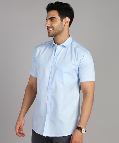 Image of MILDIN Men's Cotton Blend Solid Shirt with Spread Collared Half Sleeve Curved Hemline Button Closure Regular Fit and One Pocket | Half Sleeve Shirt for Men