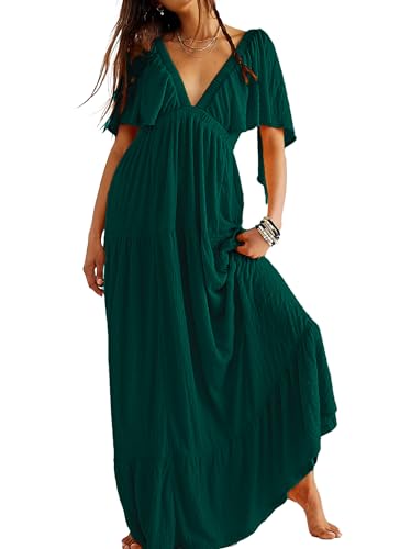 Kikibell Women Summer Dresses Sexy V-Neck Maxi Dress Tiered Silhouette with Flutter Sleeve Backless Elastic Waist Flowy Dress