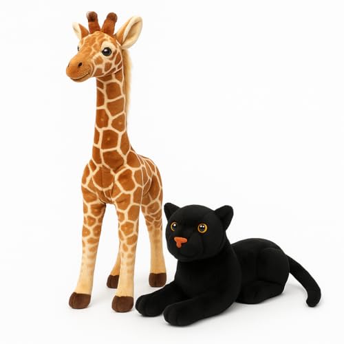 Image of Cute Giraffe & Panther Plush Toy Combo - 30 cm Soft Stuffed Animals for Kids | Super Soft & Huggable for Boys & Girls (Pack of 2)