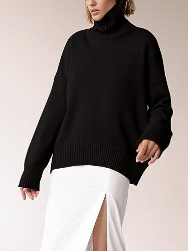 Image of YKR Women's Turtleneck Sweater Chunky Long Sleeve Knitted Pullover High Low Hem Trendy 2025 Fall Winter Basic Jumper Top