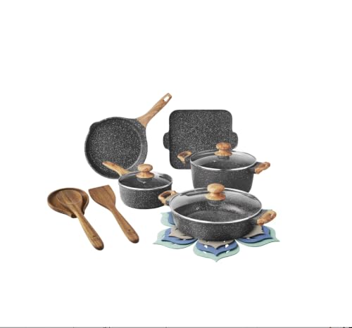 Pioneer Woman Prairie Signature 14-Piece Cast Aluminum Cookware Set Charcoal Speckle
