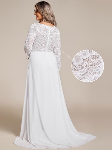 Image of Ever-Pretty Plus Women's V Neck Long Sleeve Lace Chiffon A Line Floor Length Plus Size Wedding Dress 01925-DA