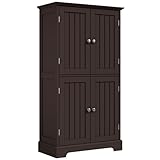 ChooChoo Bathroom Floor Cabinet, Modern Bathroom Storage Cabinet with 4 Doors and Adjustable Shelves, Freestanding Cupboard for Living Room, Espresso