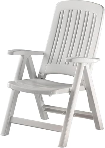 Tomaino Chaise longue de jardin pliante en plastique – Fauteuil d'extérieur relaxant, maison, camping inclinable – 5 positions avec accoudoirs (blanc)