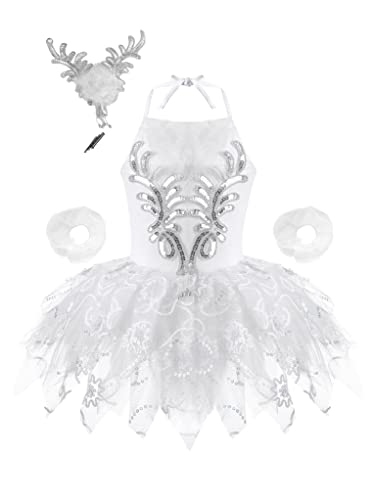TTAO Enfant Fille Princesse Robe de Danse Ballet Tutu Paillettes Dentelle Justaucorps Ballerine Robe Soirée Performance 1-14 Ans B Blanc 9-10 Ans Cover