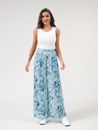 DERAX Women's Boho Floral Wide Leg Palazzo Pants Summer High Waist Flowy Beach Lounge Pants Lightweight Trousers Pockets4