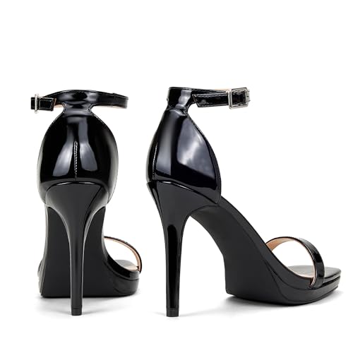 Elisabet Tang Women'S 4.3 Inch High Heeled Sandals Strappy Stiletto Open Square Toe Heel With Ankle Strap At Wedding Party Prom Work Dating Black Patent Size 8 Dressy thumb #2