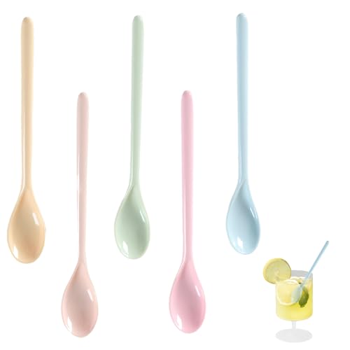 LINTRA 5 Piezas Cuchara Yogurt Largas, Material Plástico Cucharas de Huevos de Colores, Mango Largo Cucharas Plastico Duro Reutilizables, para Restaurante, Hogar, Cafetería
