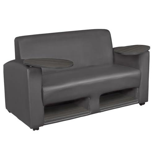 Image of Romig Superstellar Loveseat with 360-Degree Swiveling Tablet Arm, Under-Seat Storage, Ash Grey Finish, Grey Vinyl Upholstery, Ergonomic Seating for Offices, Lounges, or Classrooms