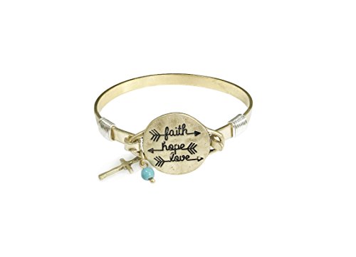 Image of inchFaith Hope Love inch Handmade Beautiful Christian Bangle Bracelet with Wire Design and Cross Charm and Bead