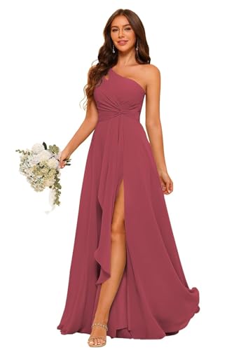 Chiffon One Shoulder Bridesmaid Dress with Pleated Bodice Long A Line Bridesmaid Dresses for Women with Slit AD004