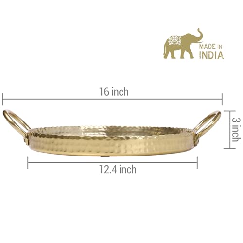MyGift 12-inch Brass Metal Round Decorative Tray with Handcrafted Hammered Design, Large Centerpiece Display Serving Tray - Handmade in India