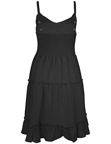 Image of FANCYINN Women Floral Casual Tiered Mini Dresses Spaghetti Strap V Neck Backless A Line Swing Short Dress with Pockets