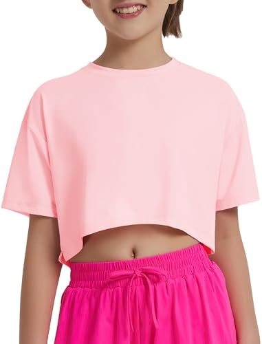 Image of EXARUS Girls Athletic Shirts Quick Dry Workout Split Back Crop Tops 6-14Y | Tween Athletic Sports Soccer Activewear Gym Running Dri Fit Teen Tennis Performance Hiking Short Sleeve Tees Kids 6-14Y