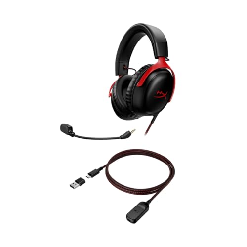 Image of HyperX Cloud III - Wired Gaming Headset,PC,PS5,Xbox Series X|S,Angled 53mm Drivers,DTS Spatial Audio,Memory Foam,Durable Frame,Ultra-Clear 10mm Mic,USB-C,USB-A,3.5mm - Black /Red,(Pack of 10)