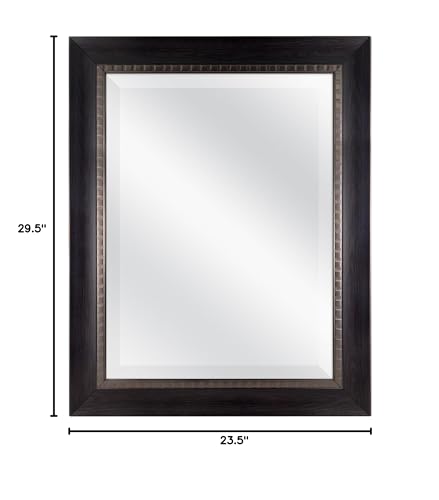 Image of MCS 23.5x29.5 Large Wall Mirror, Sloped Frame with Walnut Embossed Detail & Beveled Detail Mirror, Vertical & Horizontal Wall Hanging Mirror for Bathroom, Bedroom & Livingroom
