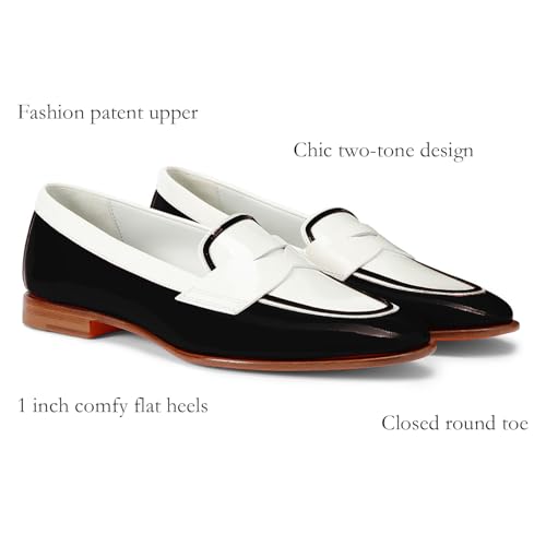 Image of Women Patent Slip On Loafer Flats Two Tone Round Toe Flat Heel Penny Loafers Casual 1 inch Low Heel Loafer Dress Shoes Oxford Comfort Chic Colorblock Office Ladies 4-11 M US