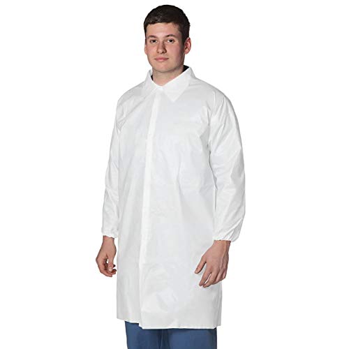 EOM High Performance SMS Disposable Lab Coat With Knit Cuffs and Collar, Thigh Length Color White (50, XXX-Large)