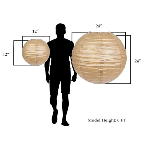 Image of Mudra Crafts 12 Inch Round Chinese Kraft Paper Lanterns Hanging Decor | 10 PCs, Reusable, Indoor Outdoor Decorative Lamp Shade, for Ceiling, Wedding, Shower, Party, Festival, Home Decoration