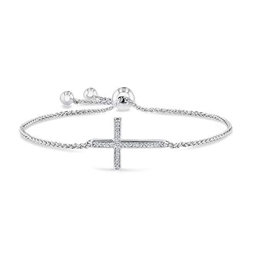 Women's/Ladies 925 Sterling Silver Real/Natural Diamond Sideways Cross Station/Centerpiece Bolo (Adjustable) Bracelet, Solid Silver 1/10 ctw (Carat Total Weight) Diamond Cross Accent Bracelet, 8