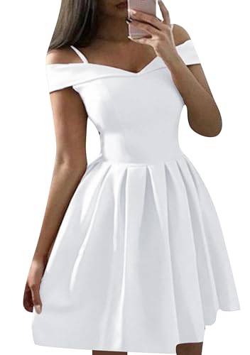 DIACACY Women's Pleated A-Line Off Shoulder Dresses Swing Slim Mini Solid Color Dresss V Neck Swing Spaghetti Strap Dresses White 2XS