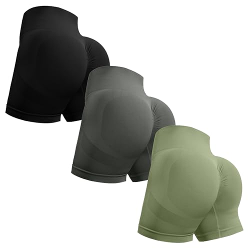 Image of OVESPORT 3 Piece Workout Shorts for Women Seamless Scrunch Butt Lifting High Waisted Yoga Gym Booty Running Short Pants, Black/Dark Gray/Army Green, L